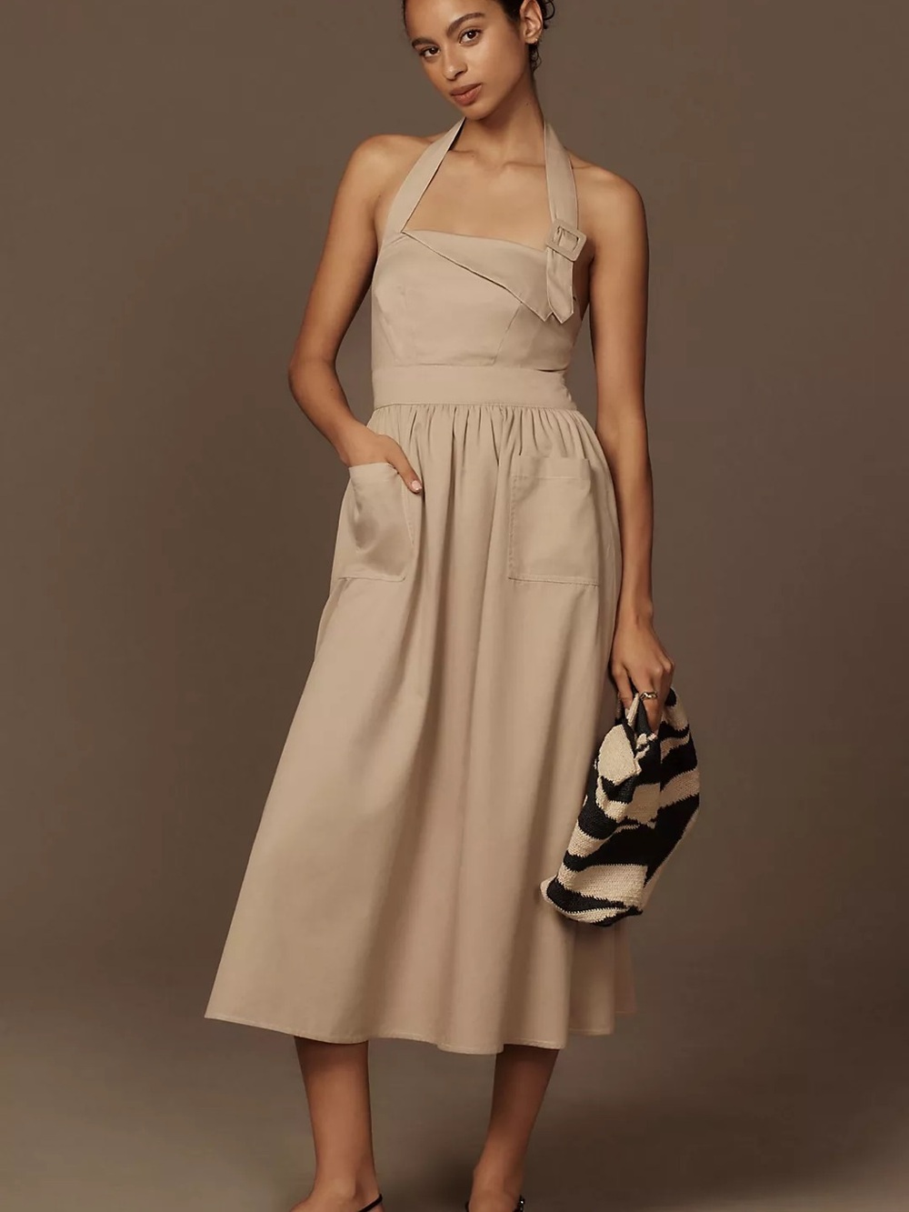 Halter-Neck Midi Dress in Neutral Beige